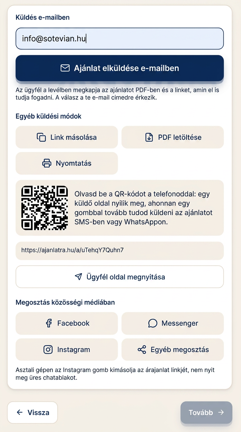Ajánlat küldése e-mailben, linkkel és QR-kóddal