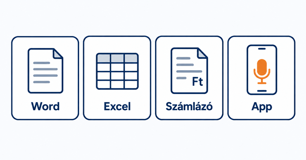 Négy eszköz egymás mellett kártyákon: Word dokumentum, Excel táblázat, számlázó ikon, telefon mikrofonnal