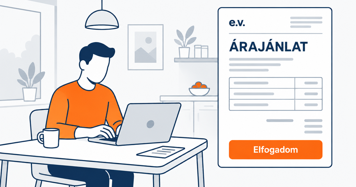 Egyéni vállalkozó a konyhaasztalnál laptopon árajánlatot ír, mellette a kész ajánlat kártyája