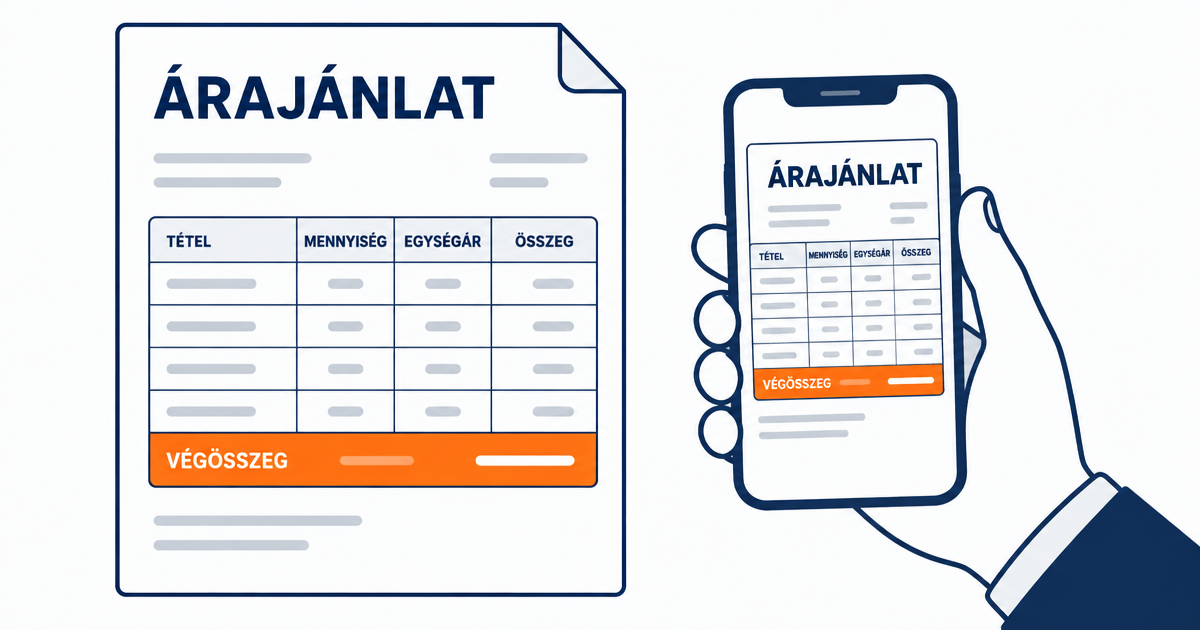 Kitöltött árajánlat minta tételes táblázattal, mellette egy telefon, amin ugyanaz az ajánlat készül