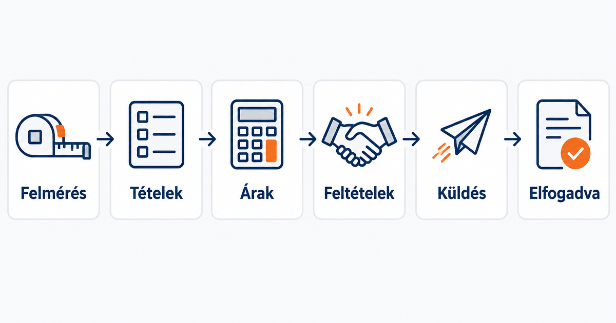 Öt lépés egy vonalon: felmérés, tételek, árak, feltételek, küldés, a végén egy kész árajánlat kártya